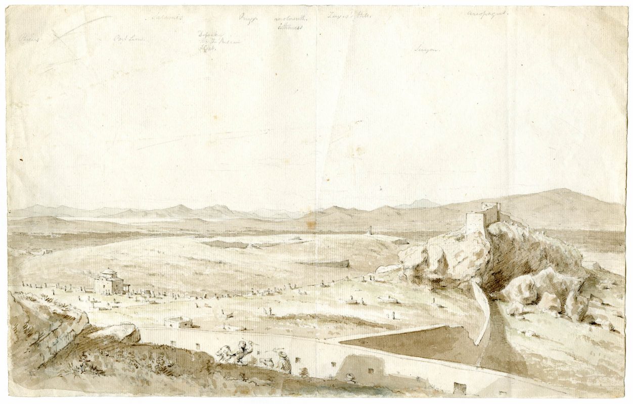 Το τείχος του Χασεκή (1778) συνδέει το Κάστρο με τον Άρειο Πάγο· έξω από το τείχος, το Μουσουλμανικό κοιμητήριο (The British Museum).