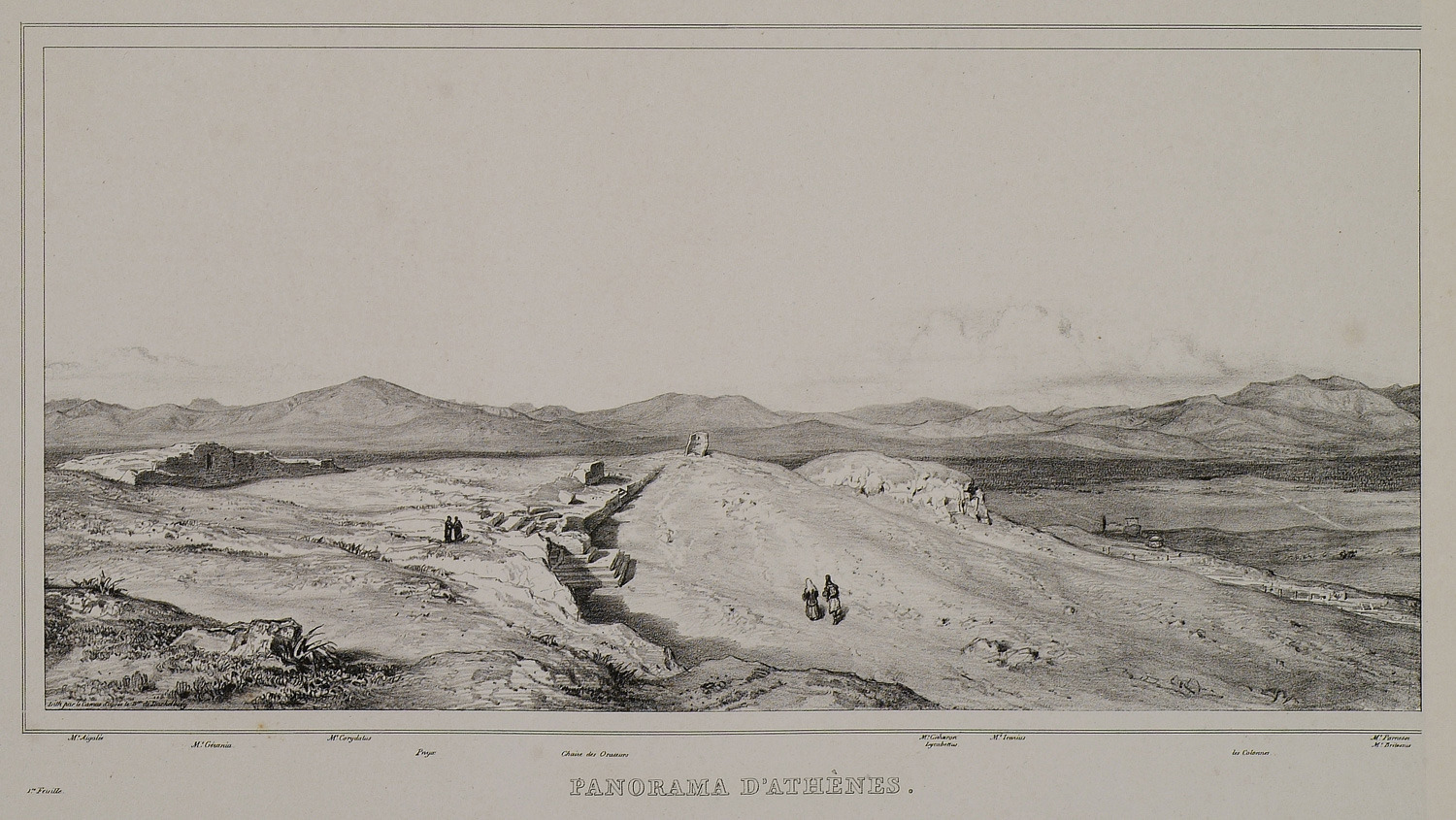 The bema of the Pnyx; on the centre right, the Hill of the Nymphs before the construction of the Observatory. To its left, a derelict round construction, possibly a wind mill (The Gennadius Library - American School of Classical Studies at Athens, from the website of the Aikaterini Laskaridi Foundation).